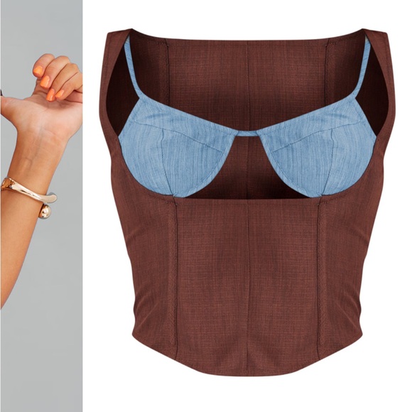 NWT BROWN LINEN COLOR BLOCK CUP DETAIL BONED CORSET TOP- sold out style - Picture 4 of 8